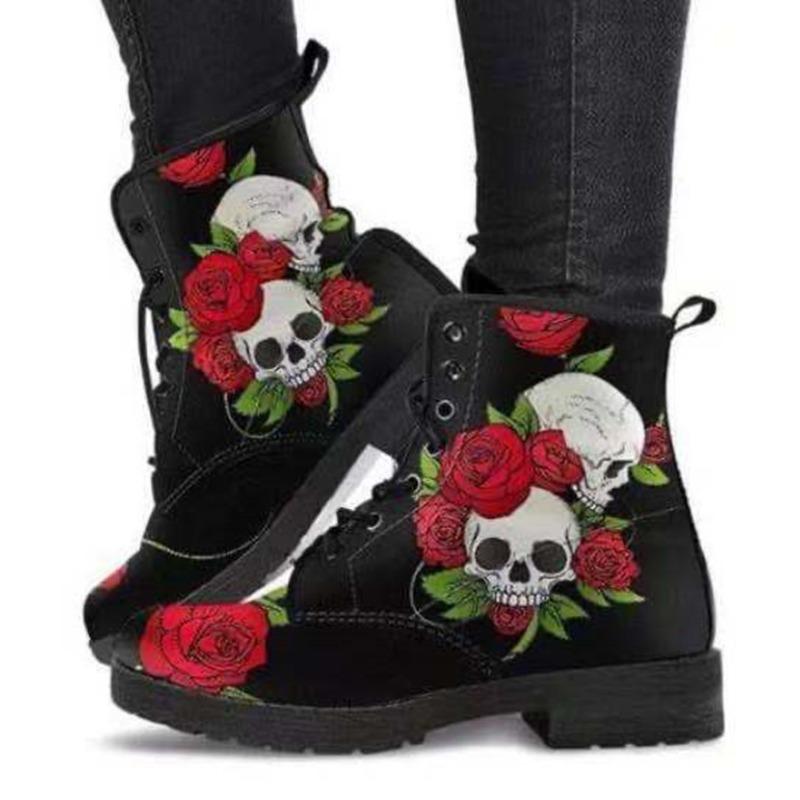 Large Size British Fashion Tooling Boots Large Size Retro Printed Women's High Top Cartoon Pattern Martin Boots