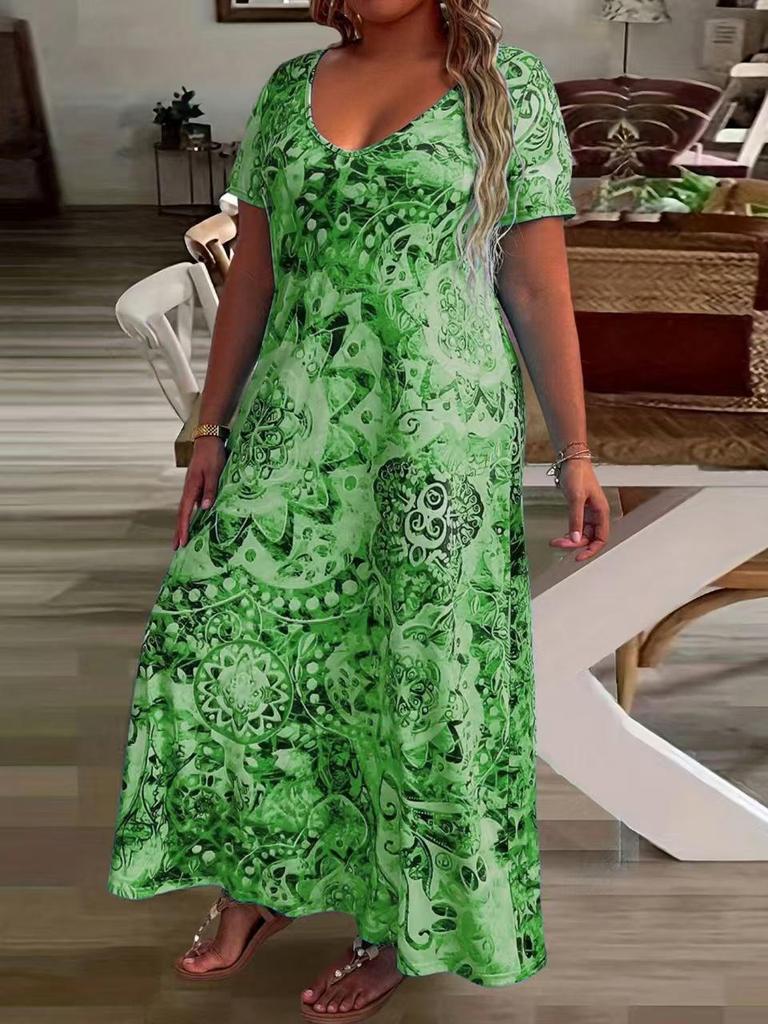 European-American Fashion Casual Vacation V-Neck Printed Long Dress with Short Sleeves