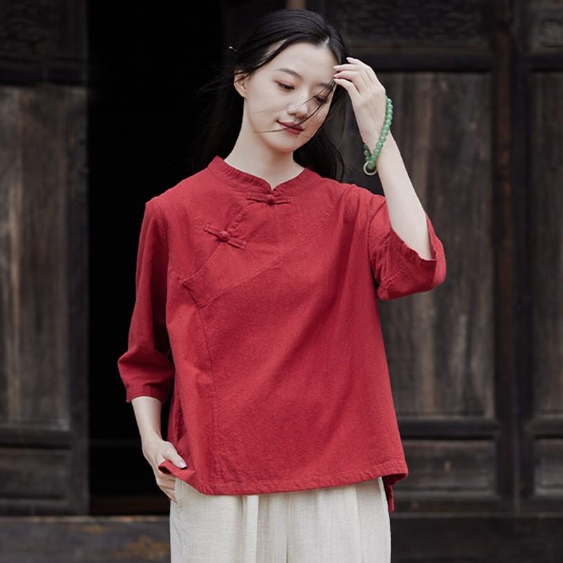 Johnature Damskie bawełniane lniane koszule w stylu vintage topy stoją bluzki z siedmioma rękawami jesienne koszule w stylu vintage w jednolitym kolorze