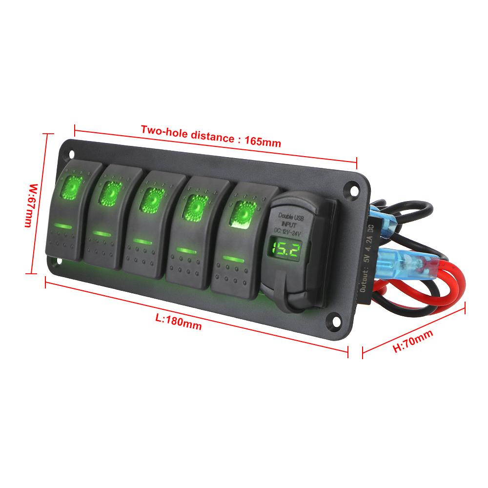 5 Gang Rocker Switch Panel Automobile switch Dual USB Port 4.2A Outlet Combination Digital Voltage Display