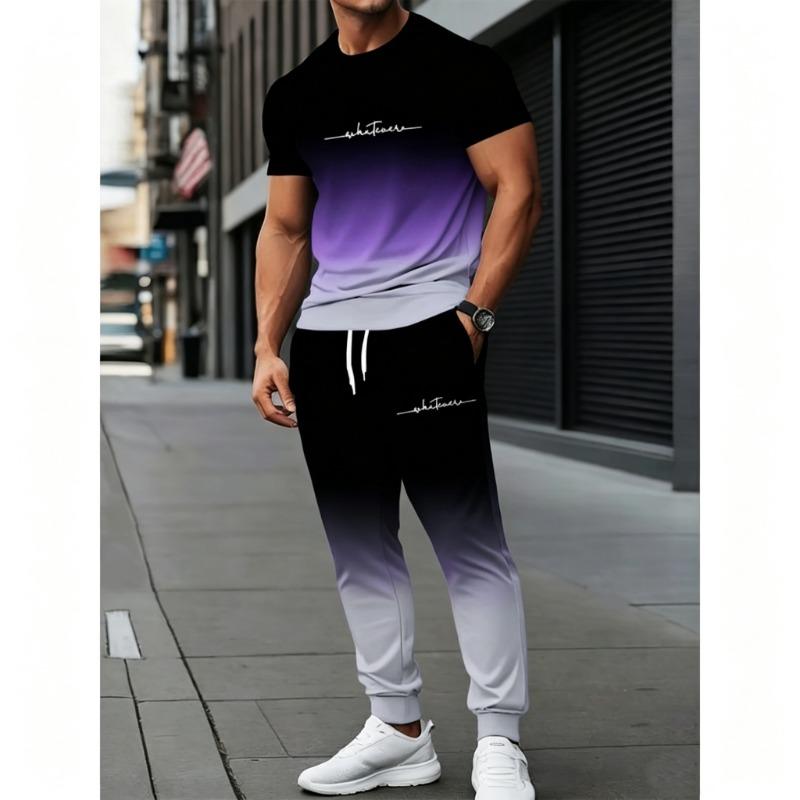 Men's summer short-sleeved and long pants casual two-piece set, sporty loose with pockets