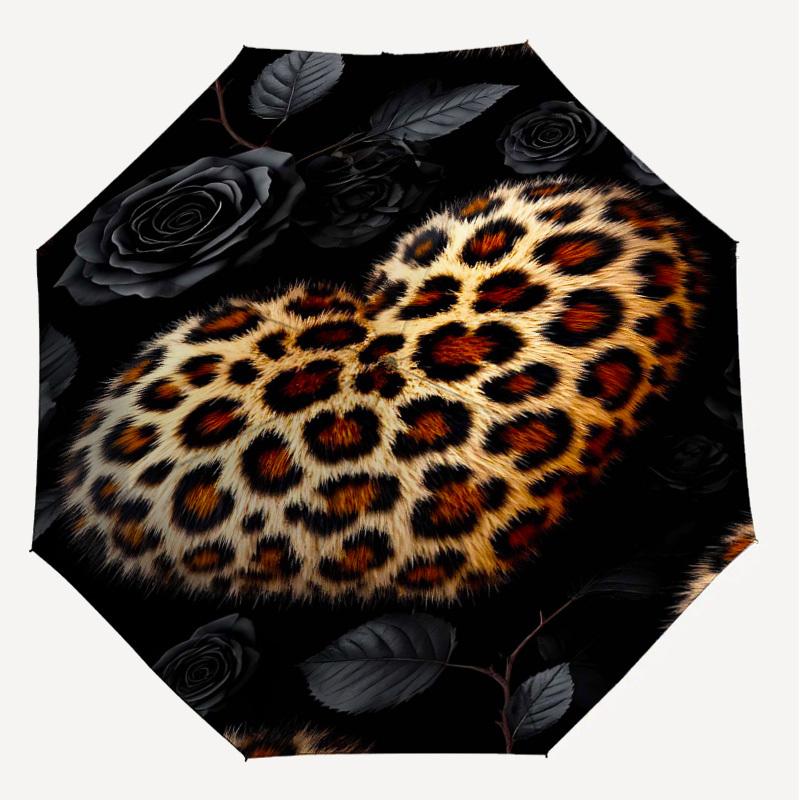1pc Leopard Print Heart Automatic Open/Close Umbrella Compact Folding Umbrella with 8-Rib Shaft for Women/Men, Elegant Birthday1138S