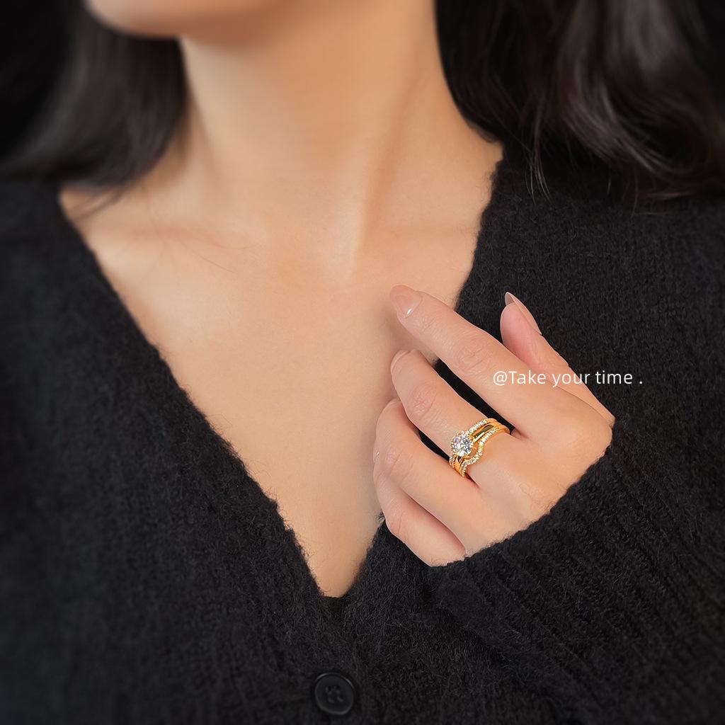 

A two-wear zircon ring electroplated 14K real gold thickened color retention opening adjustable set ring ring, index finger ring