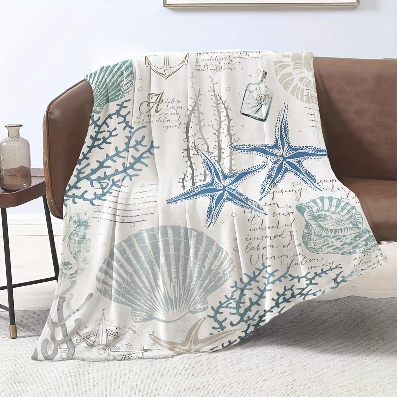 Vintage Ocean Starfish Seashell Coral Print Flannel Throw Blanket Ultra Soft Blanket for Sofa Bed Nautical Coastal Home Decor Gift