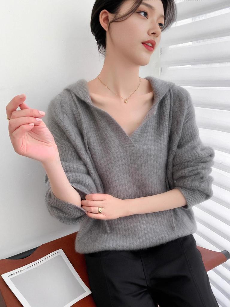 Women's Plus Size Hooded Wool Cable Knit Pullover - Slim Fit Casual Sweater for Autumn/Winter