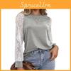 Korean Style Womens Lace Panel Long Sleeve Slim Fit Blend Round Neck Casual Top