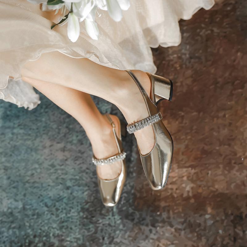 French Rhinestone Rear Empty Mary Jane Shoes Women's 2025 Spring New Versatile Thick Heel High Heels Retro Buckle Sandals