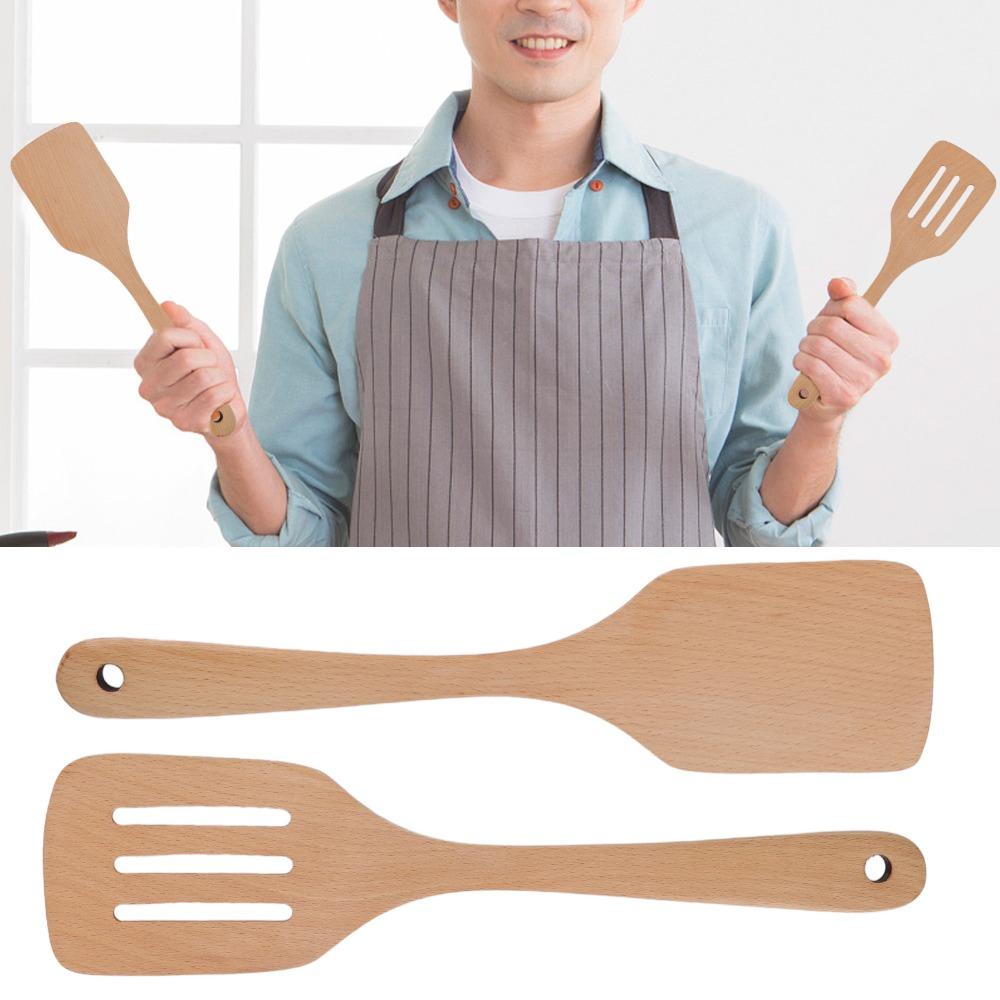 2PCS Large Size Wooden Spoons 12in Pancake Flipper Cooking Utensils Wooden Spatulas  Kitchen