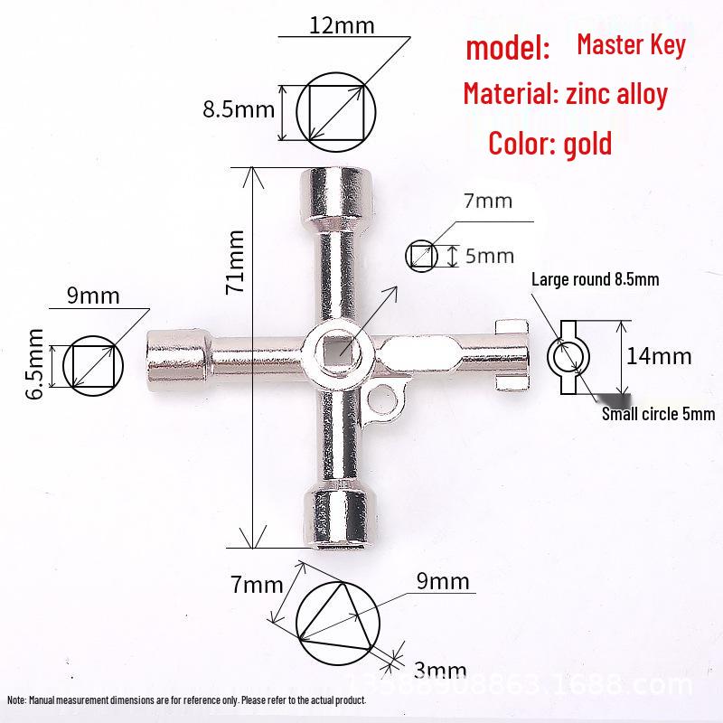 Cross Key Zinc Alloy Multipurpose Wrench for Elevator, Electrical Box, and Water Meter.