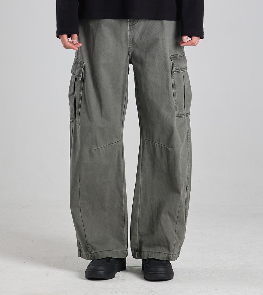 Beoteunseoul Utility Cargo Washed Wide Cotton Pants (Khaki)