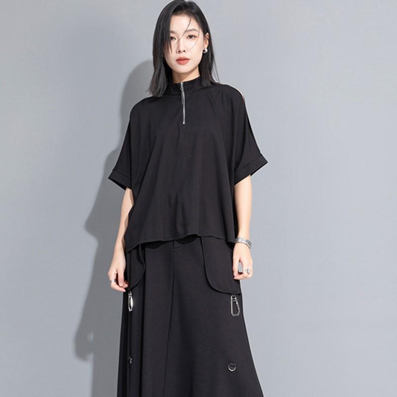 Tricou de vară casual larg supradimensionat cu mânecă scurtă Negru vintage Topuri tricou Femei