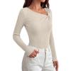 Women's Ribbed Long Sleeve Top Asymmetric Neckline Slim Fit Stretchy Knitwear Casual Pullover Shirt