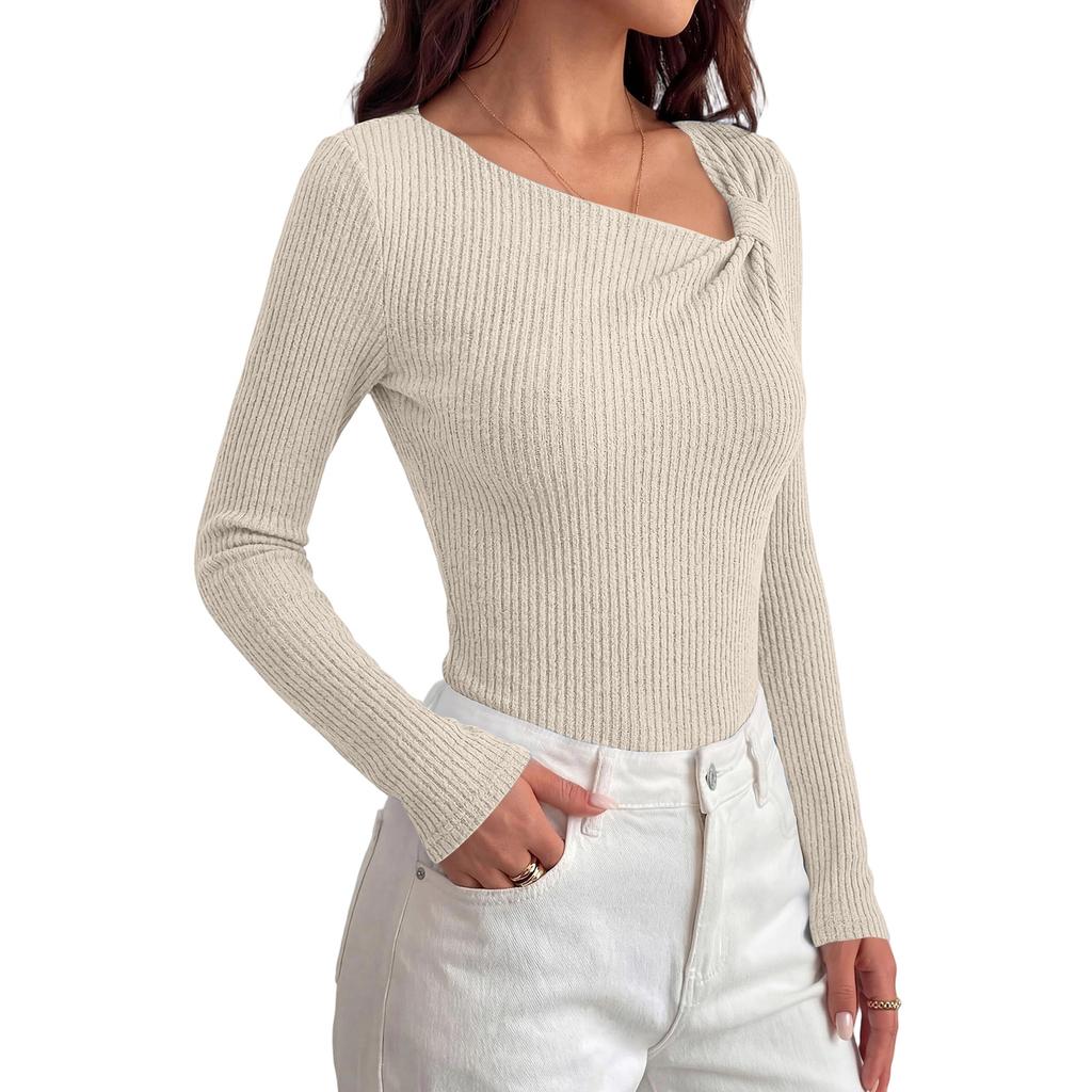 Women's Ribbed Long Sleeve Top Asymmetric Neckline Slim Fit Stretchy Knitwear Casual Pullover Shirt
