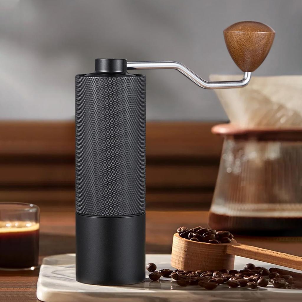 Manual Coffee Grinder with 25g Capacity, Stainless Steel Burr and Wooden Handle, for Home, Office, Camping, and Hiking (Black)