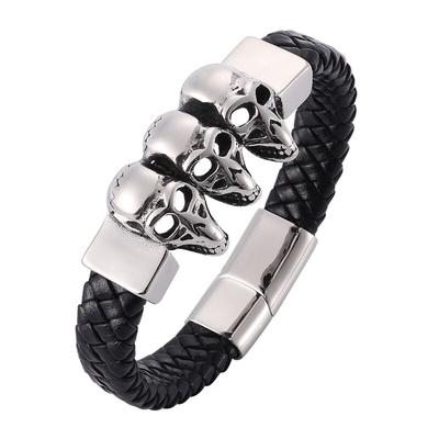 Bracelet Punk en Acier Inoxydable Squelette Crâne Homme Fermoir Magnétique Joncs Mode Bracelet en Cuir Tressé Bijou Cadeau BB918