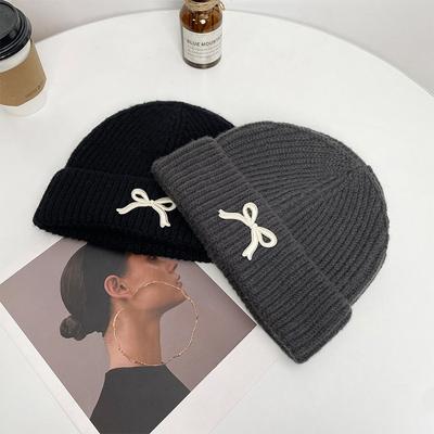 Autumn and Winter New Bow Knitted Hat for Women Korean Version Versatile Face Showing Small Woolen Hat Outdoor Warm Pullover Cold Hat Trend