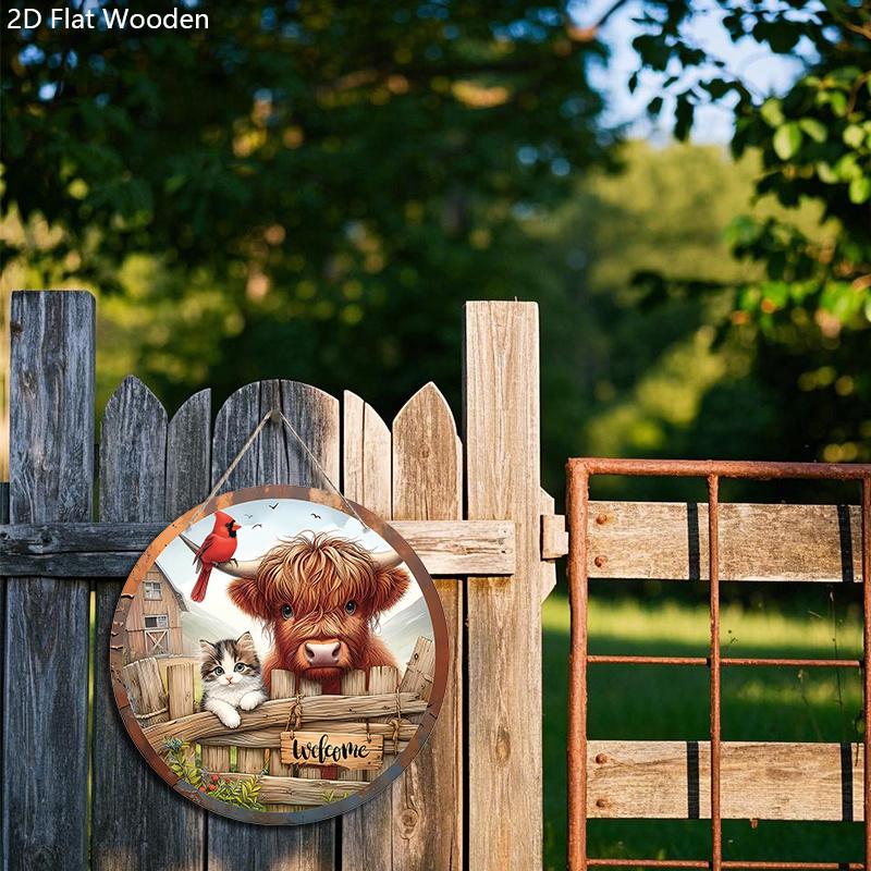 Welcome Wooden Sign with Highland Cattle Pattern - Rustic Decorative Plaque for Farmhouse, Herd Decorations - Ideal Housewarming Gifts
