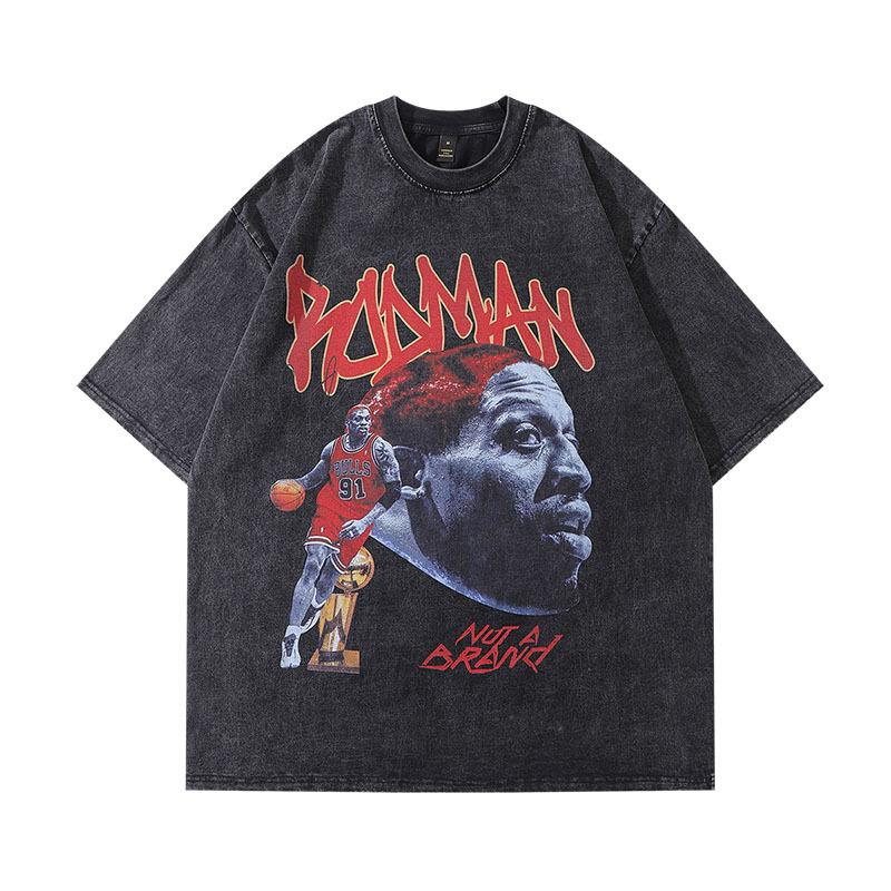 Men'S Clothing American High Street Trendy Brand Vintage T-Shirt Retro Portrait Printing Washed Loose Cotton Short-Sleeved T-Shirt Men