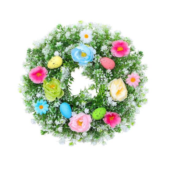 Easter Wreath for Front Door Artificial Spring Floral Wreath with Pastel Eggs for Home Indoor Outdoor