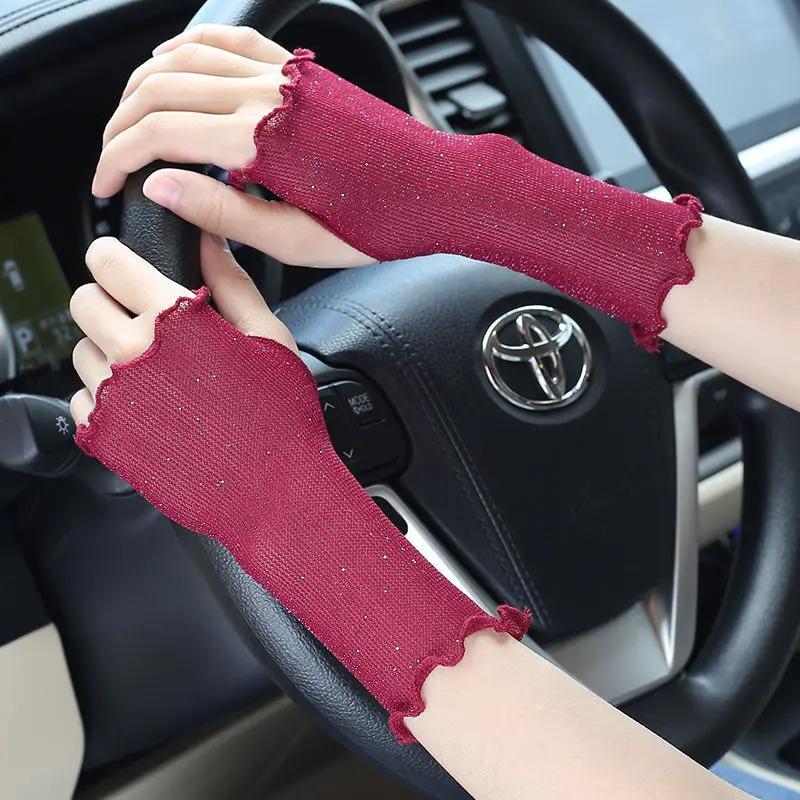 Kurze Halbfinger-Sonnenschutzhandschuhe für Damen Dünne Elastische Abdeckung Anti-Bräunung Schwarz Atmungsaktiv zum Fahren und Radfahren