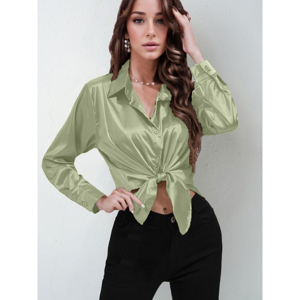 GMXIA Sateng Silkelignende Langermet Ensfarget Skjorte for Kvinner, Elegant Knappedetalj foran med Krage