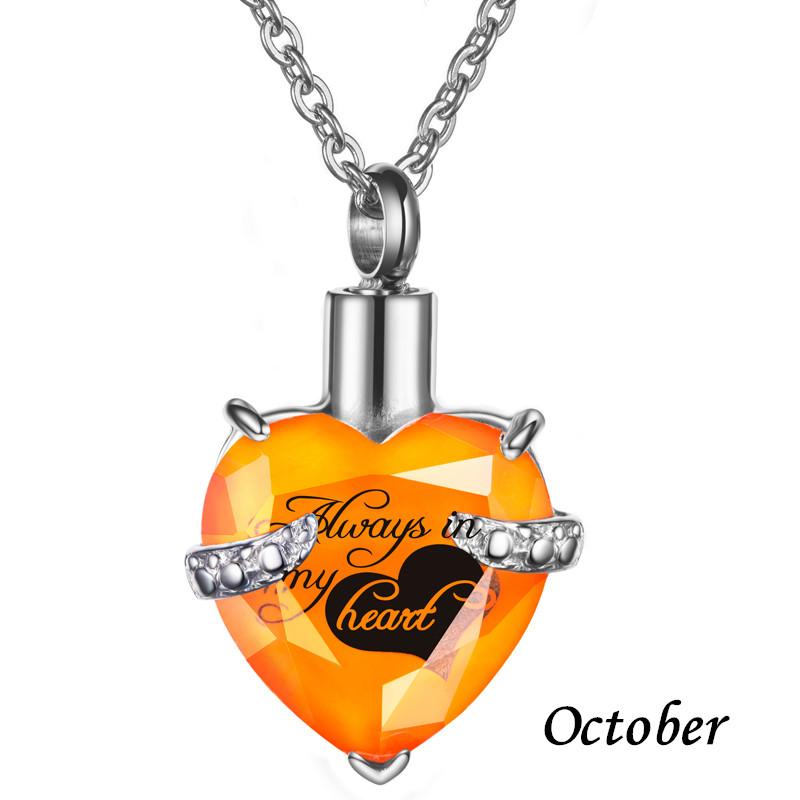 Always In My Heart Stainless Steel Birthstone Heart -Shaped Glass Clavicle Chain Perfume Bottle Keepsake Necklace Jewelry