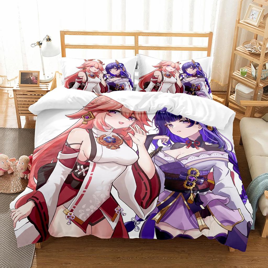 Genshin Impact Raiden Shogun Pillowcase Bedding Bag Cartoon Set Anime Customize Bedding Decoration Cute Quilt Cover S