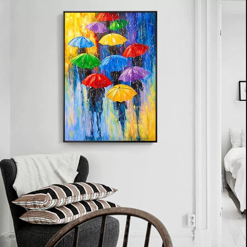 Abstract colourful umbrella landscape in the rain canvas painting oil wall of art for the modern living room home decor cuadros