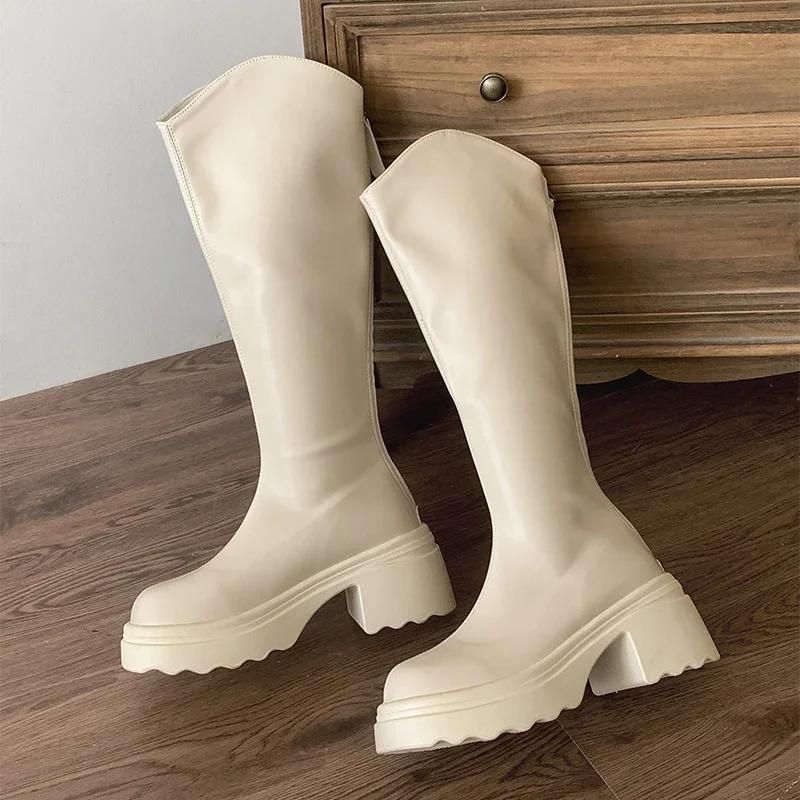 

Винтажные женские сапоги до колена, модные туфли с молнией сзади, квадратный каблук, осень-зима, женские длинные сапоги в стиле рыцаря 35