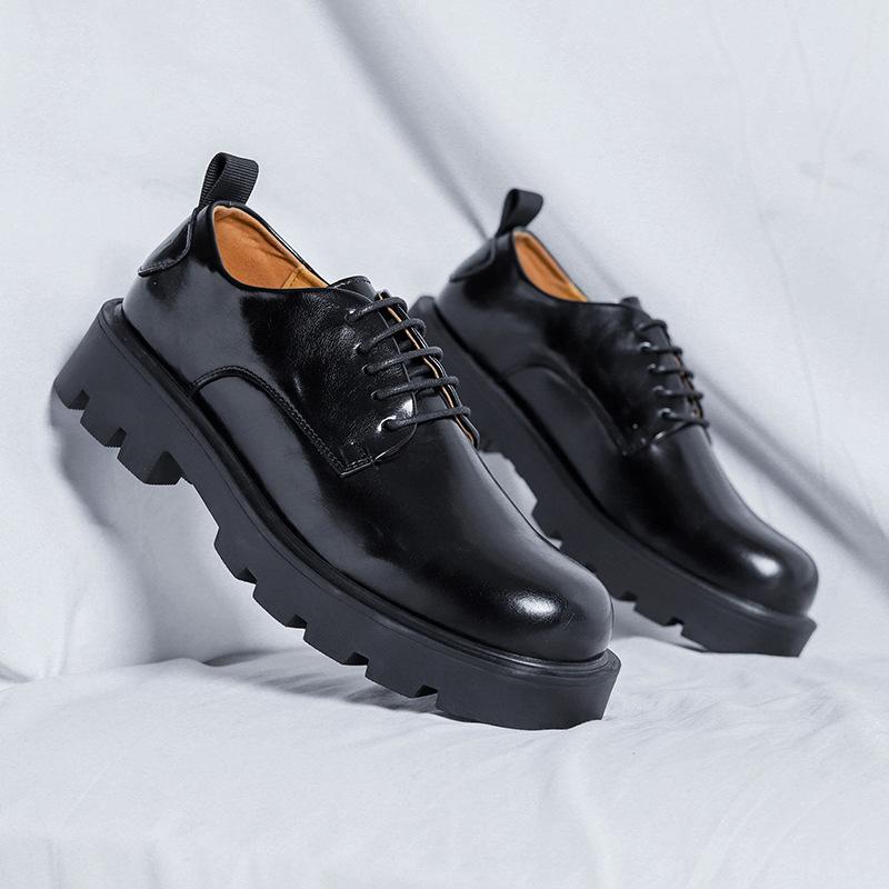 

Кожаные туфли мужские нишевые дизайнерские туфли дерби на платформе высокого класса с круглым носком черные повседневные туфли с большим носком 1819-R 38 чёрный