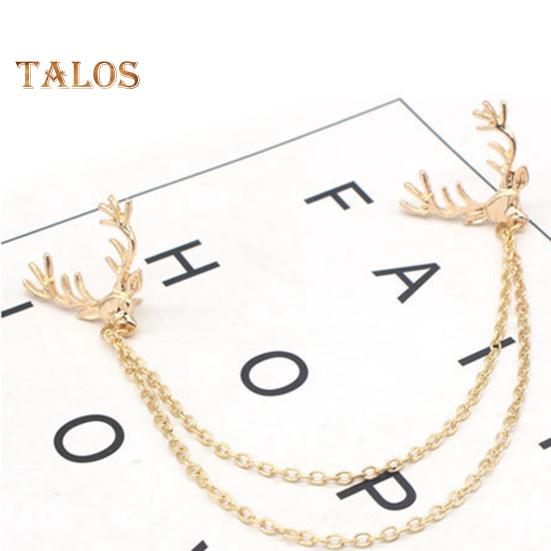Men Lapel Pin Antler Decor Double Chains Anti-slip Dress-up Polished Suit Coat Collar Pin Coat Brooch Adult Clothes Hats Bags Jewelry