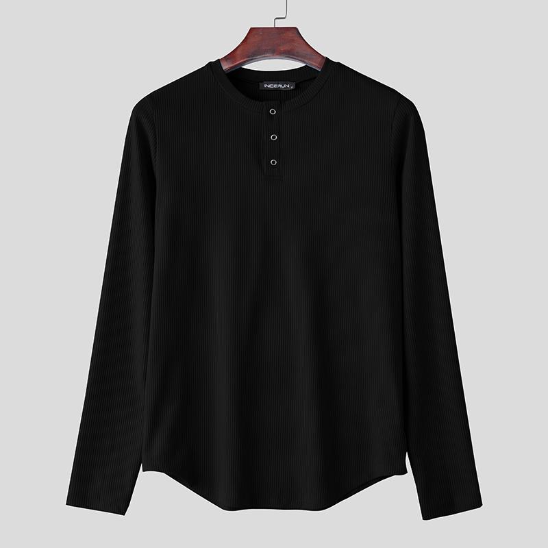INCERUN Men Round Neck Long Sleeve Rib Casual Fitted Tops T-shirts Undershirts
