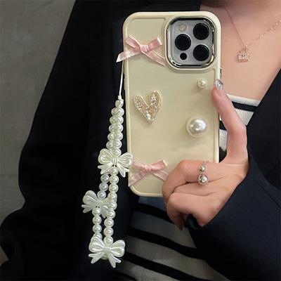 Cute Pearl Heart Bow Bracelet Chain Soild Color Case For Iphone 14 13 12 11 Pro Max X Xs Xr Plating Lens Protective Soft Cover