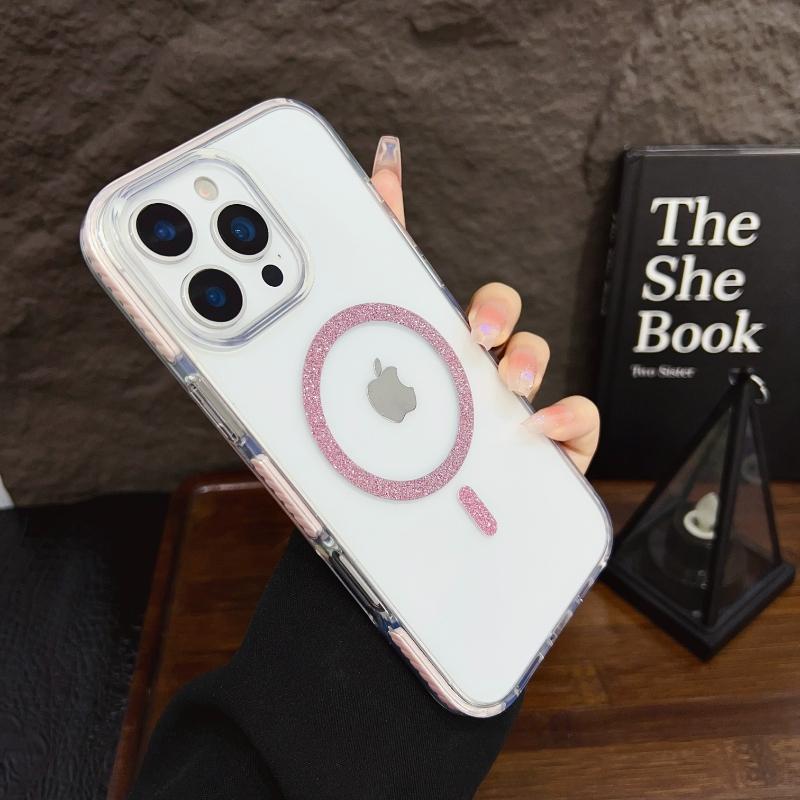 

Блестящий магнитный дизайн Ультратонкий прозрачный чехол для телефона для iPhone 12 13 14 15 16 Pro Max с беспроводной зарядкой MagSafe Модная накладка For iPhone 12 Pro розовый