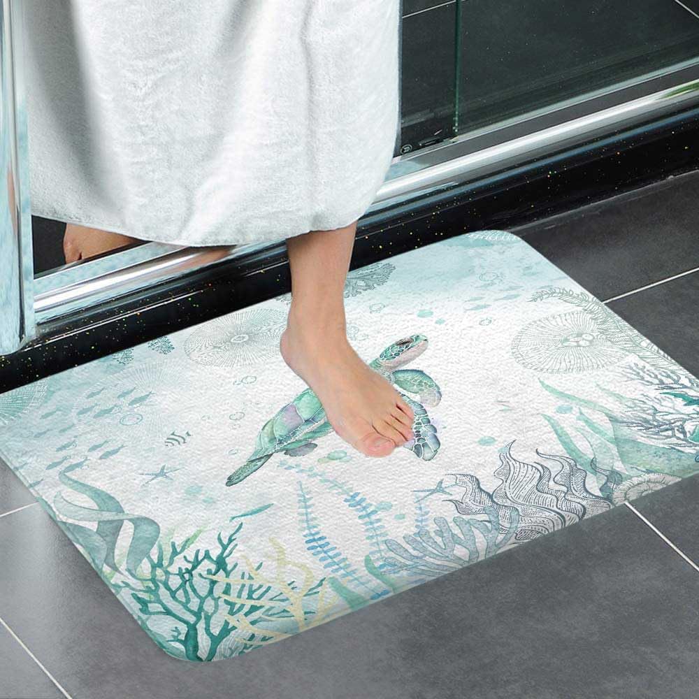 Tropical Sea Turtle Bath Mat for Bathroom Rug Ocean Coral Print Absorbent Waterproof Nautical Home Decor Spa Runner