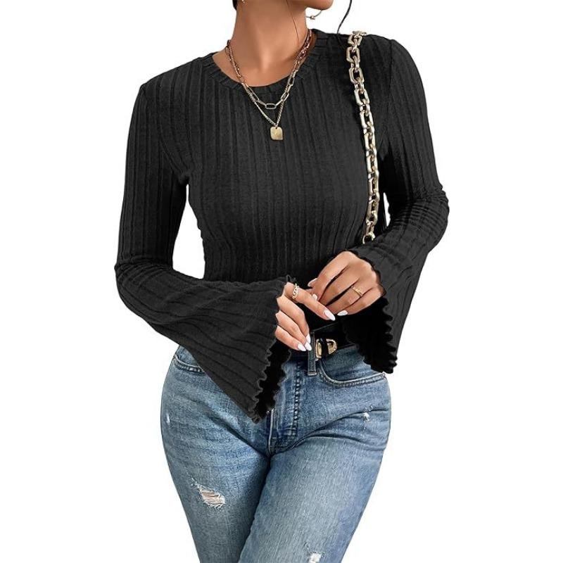 Women S Long Sleeve Round Neck Knit T Shirt Slim Fit Casual Top S чёрный