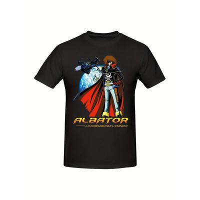 Men's Vintage Albator Captain Harlock Graphic T-Shirt - Black Cotton Short Sleeve Tee with Retro Anime Print, All-Season Casual Wear, Machine