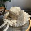 Lace Side Foldable Straw Hat Female Summer Hand-woven Hollow Bow Sun Hat Sunscreen Sunshade Beach Hat