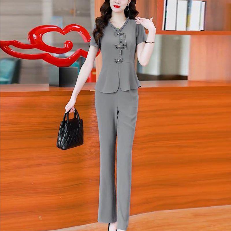 

Комплект женский в китайском стиле 2025 года: топ на пуговицах-лягушках и брюки микро-клеш - Летний, приталенный, с коротким рукавом. 2XL (125-135 jin)