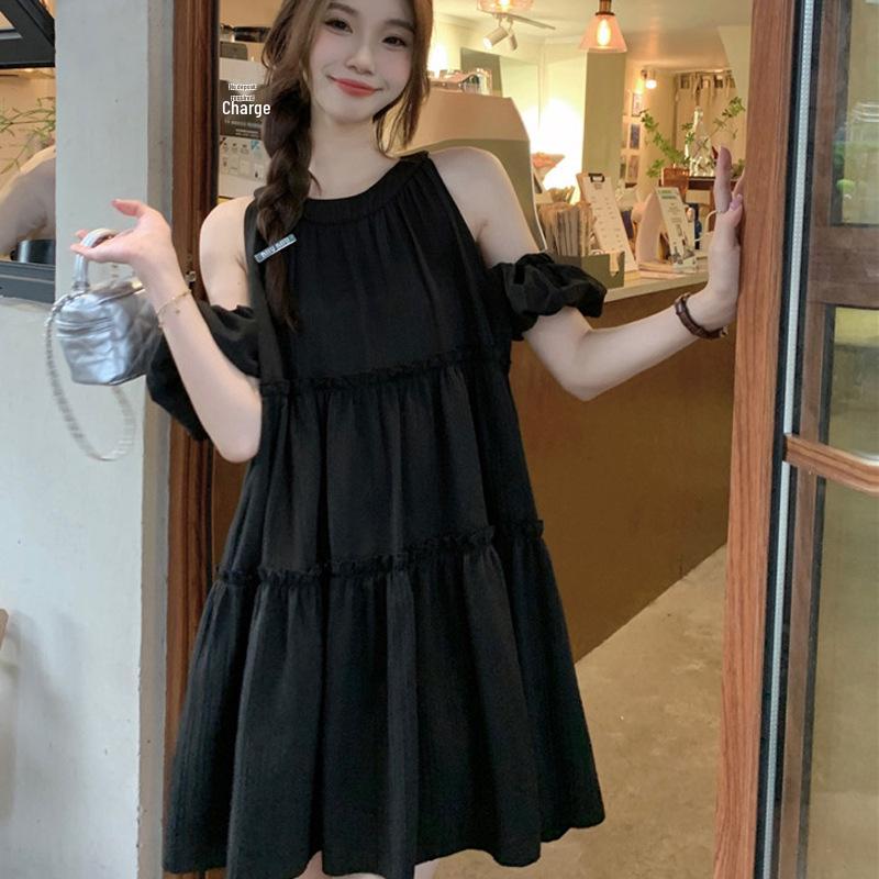 Maternity Off-Shoulder Mid-Length Fairy Dress – Gentle Summer Style, Conceals Belly, Perfect for Moms Not Showing Pregnancy