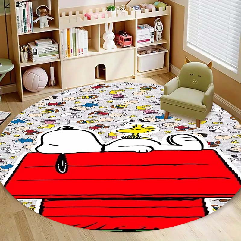 Kawaii Snoopy Round Rug Cute Cartoon Printed Circular Carpet Anti-Slip Floor Mat for Kids Room Nursery Decor