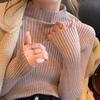 Womens Knit Sweater With Stand Collar And Spliced Design For Elegant Office Wear