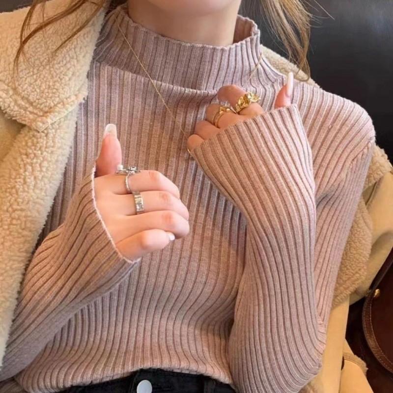 Womens Knit Sweater With Stand Collar And Spliced Design For Elegant Office Wear