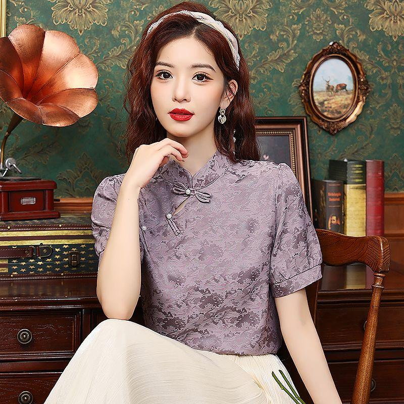 Женская фиолетовая жаккардовая блузка в китайском стиле с воротником-стойкой и пышными рукавами S фиолетовый