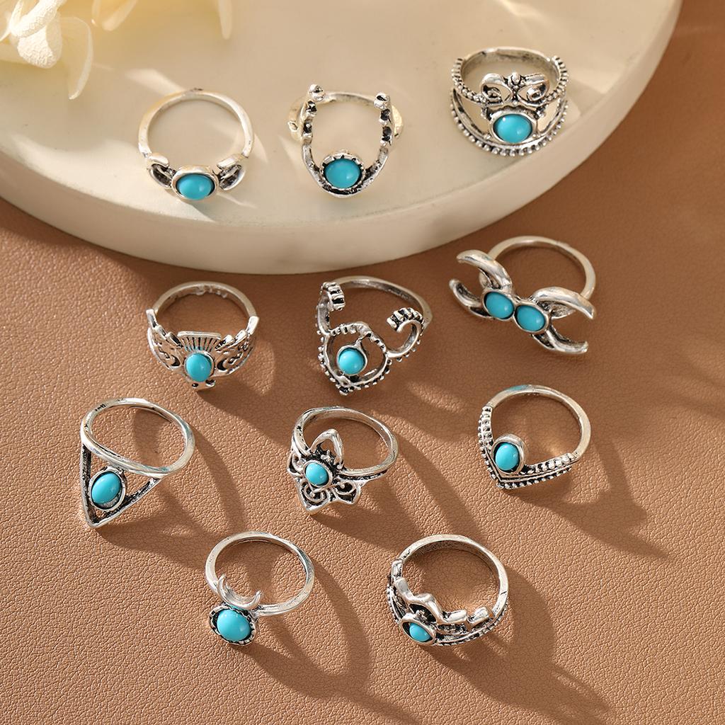 11pcs Vintage Turquoise Flower Ring Set for Women Bohemian Geometric Knuckle Finger Rings Vacation Party Daily Wear Jewelry Gift