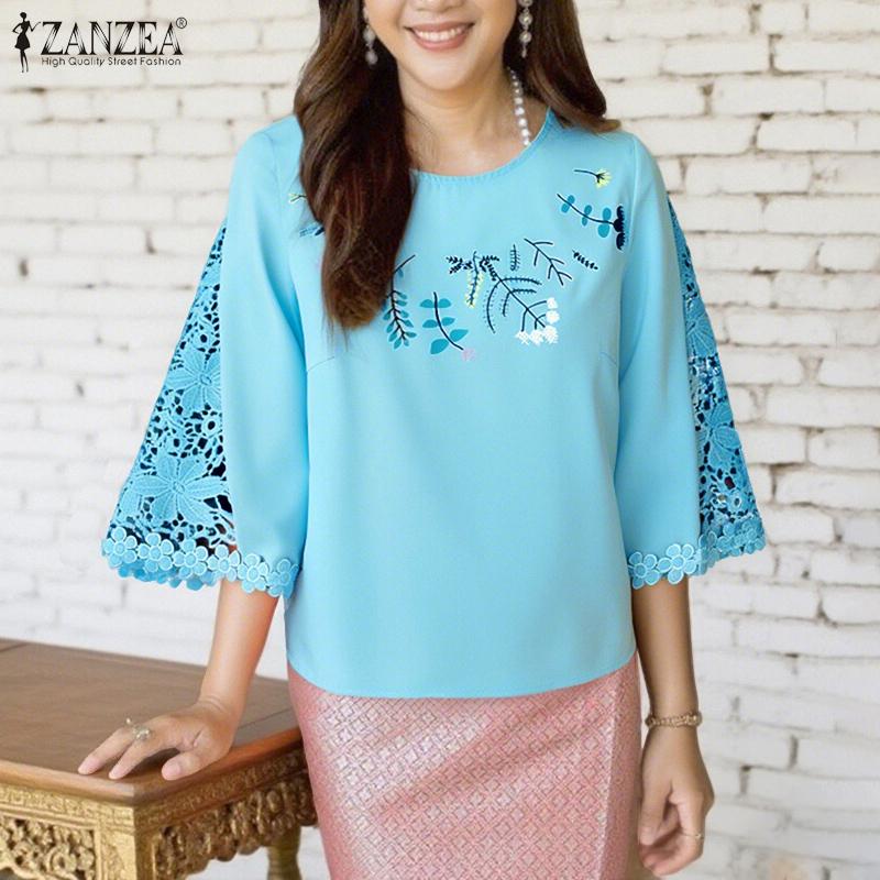 ZANZEA Women Casual Round Neck Loose Print 3/4 Sleeve Blouse