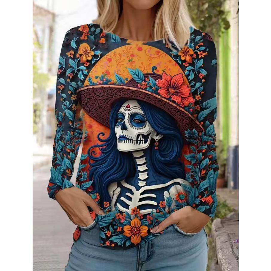 Sugar Skull Pattern Womens Long Sleeve Shirt Day of the Dead Shirts Fashion 3D Printed Tops Summer Gothic style Women's Clothing