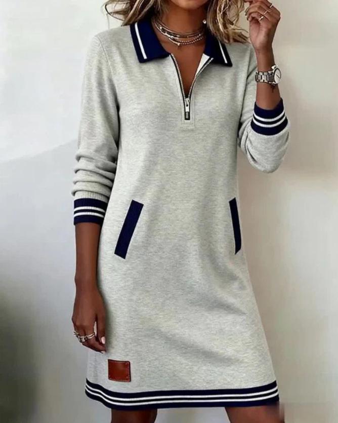 2026 Women s Casual Color Block Lapel Zipper Dress with Pockets M