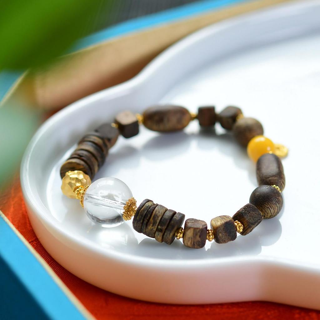 Yingge Qi Nan Agarwood Bracelet with Amber and 925 Silver Spacer (No Artificial Oil Injection)