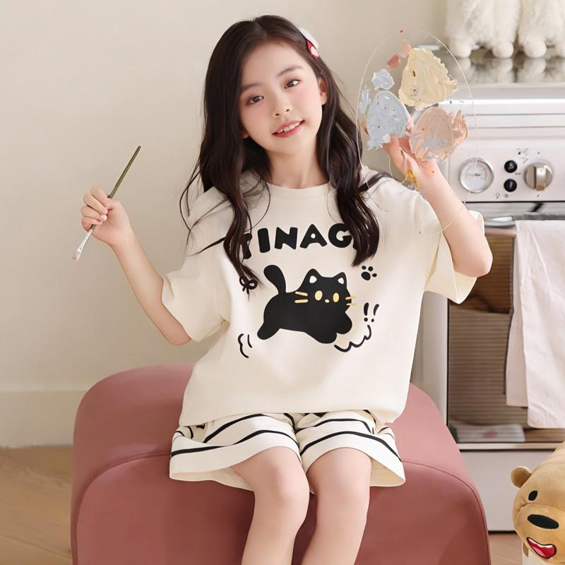 Girls Cartoon Print Short Sleeve Cotton Pajama Set Sleepwear Comfortable Home Outfit Ages 8